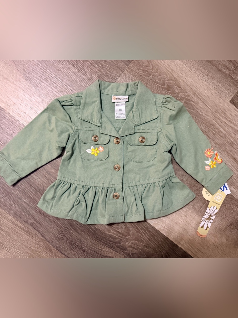 Daisy Fuentes Sage Green Peplum Jacket with Floral Embroidery 12mo